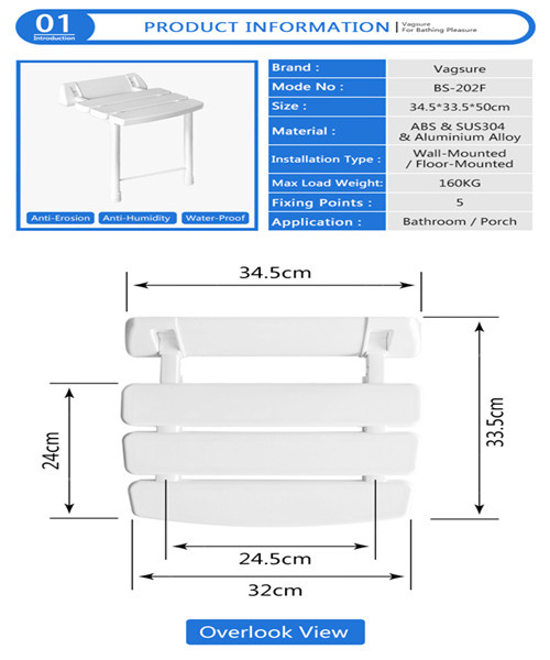 Large Panel Wall Mounted Shower Seat / Folding Shower Bench Easy Install
