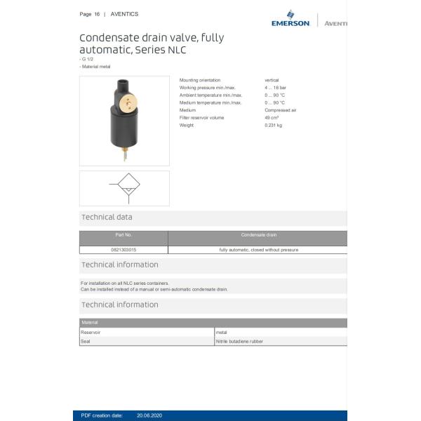 AVENTICS Metal Condensate Drain Valve Fully Automatic Series NLC – 0821303015