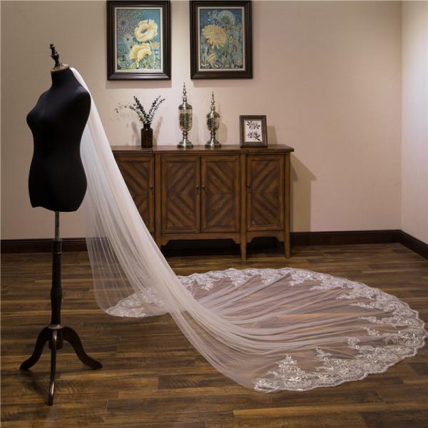 Unique Customized 3m Wholesale Long Cathedral Appliqued Lace Sequins Tulle Bridal Wedding White Veil With Hair Comb