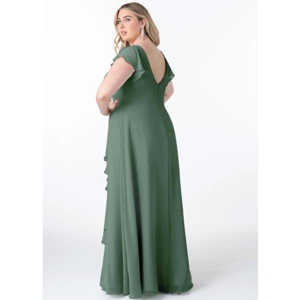 Hot Sale Factory Custom-made Chiffon Long Evening Dress A-Line Princess V-Neck Ruched V back Cap Sleeve