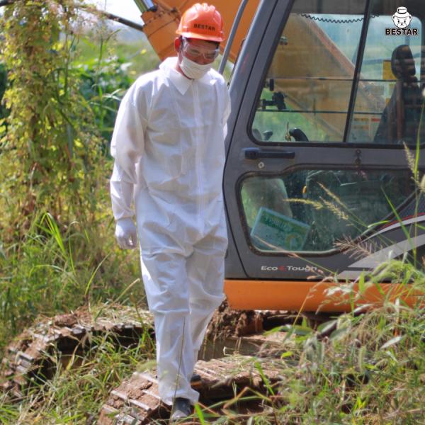 CAT I disposable white microporous film coverall with hood for basic industry