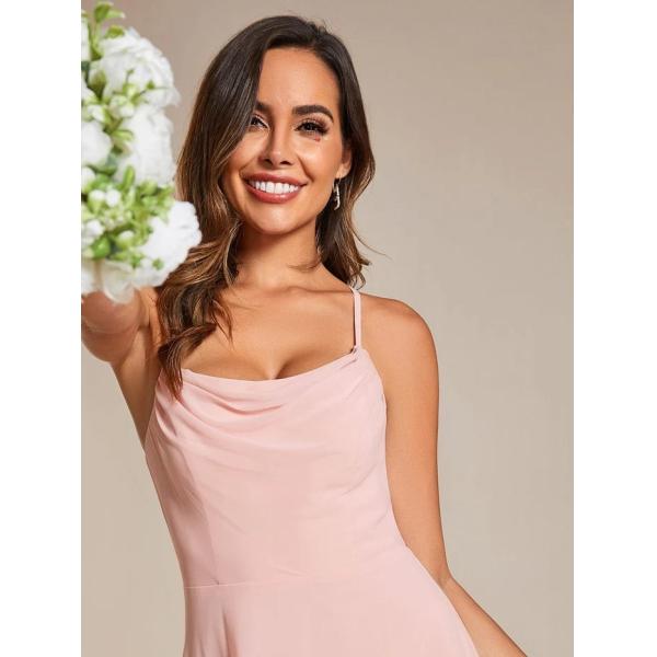 Boat Neck Empire A-line Ruffled Adjustable Spaghetti Strap Zipper Pink Chiffon Graduation Dress