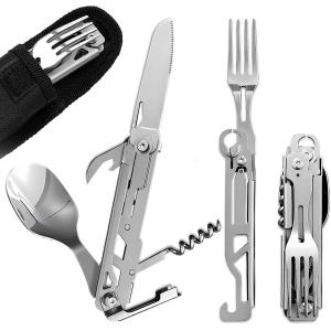 5-in-1 Camping Utensils, Multitool with Safety Locking, Detachable Stainless