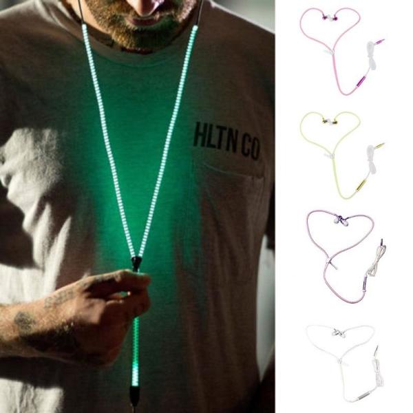 Glowing Zipper Headset Glow in The Dark Metal Earphones Earbuds with Mic Luminous Light Stereo Handsfree Earpiece