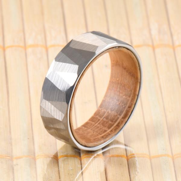 Sample Making 8mm Faceted Hammered Tungsten Ring with Whiskey Barrel Wood Inner Mens Wedding Ring Comfort Fit