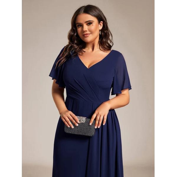 A-line Ruffle Sleeves And High Slit V-neck Navy Blue Chiffon Bridesmaid Dress