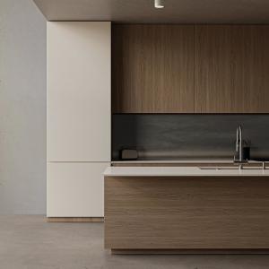 Custom Matt Modern Island Designs Storage Wood Grain Kitchen Cabinet for Villa