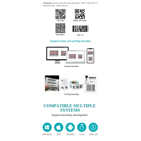 Small Embedded 2D QR Code Barcode Scanner Module with 1 Million Pixel CMOS Image Recognition and 65cm/s Scan Speed