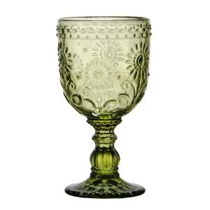 Quality Hot Sale Green Color Glassware Vintage Pattern Embossed High Clear Glass Goblets for sale