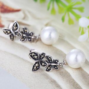 925 Silver White Simulated Shell Pearl Dangle Earrings Vintage Old Jewellry