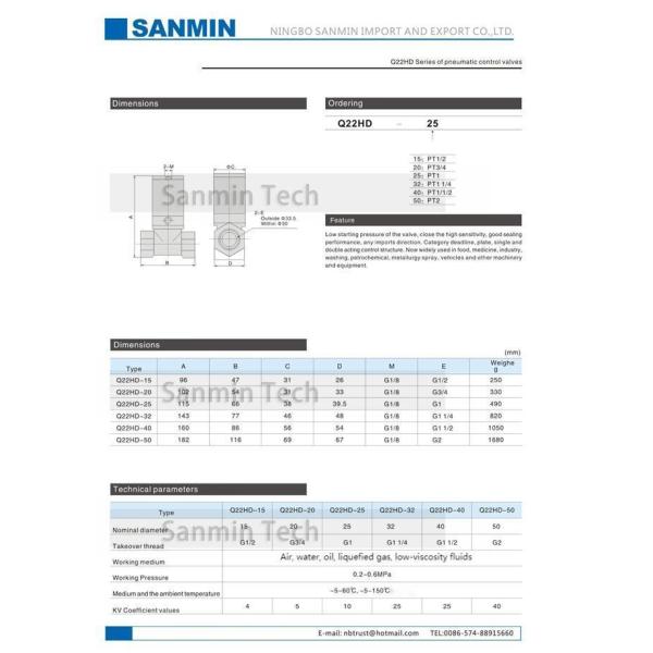 Q22HD Series Pneumatic Control Valve Brass Stainless Steel Material Air Powered Piston Valve for water air