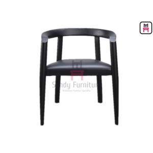 Leather Upholstered Ash Wood Dining Chair Black Lacquered Curved Backrest
