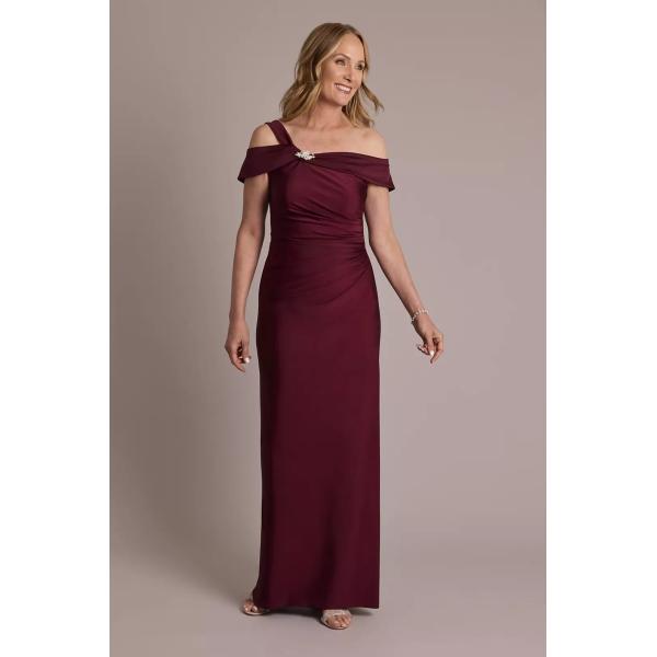 Asymmetrical Custom-made Size Off-the-shoulder Sheath Zipper Ruffles Burgundy Satin Mother Of The Bride Dress