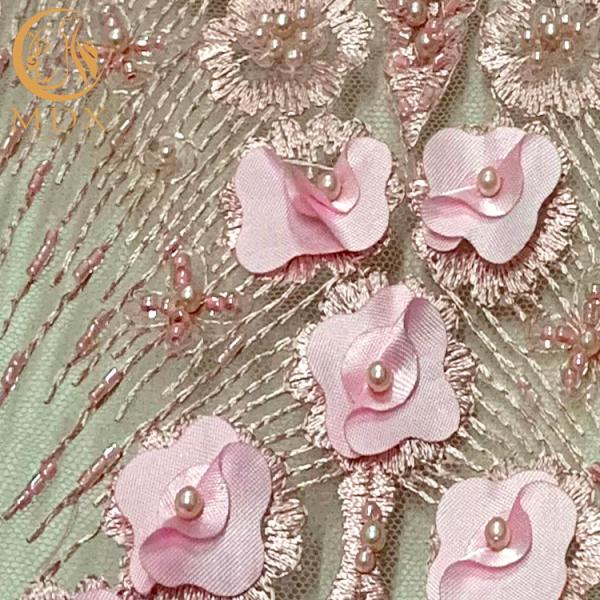 Pink 3D Flower Embroidered Lace Fabric For Wedding Dresses