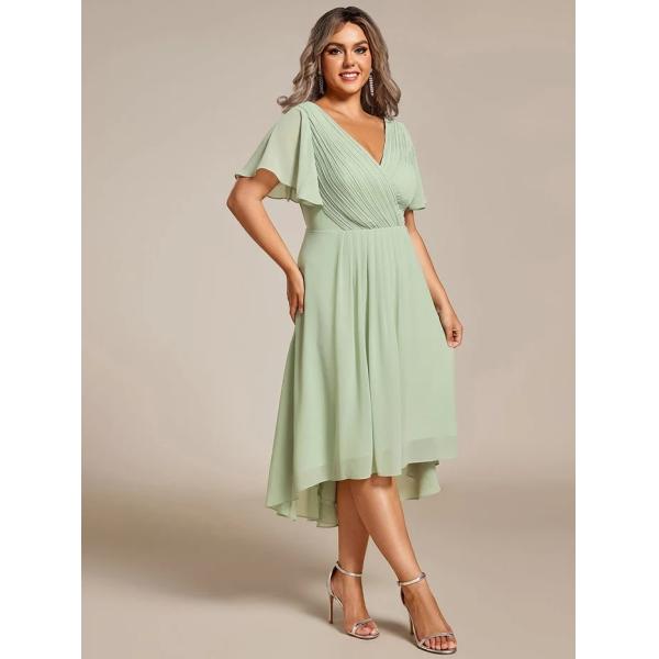 Empire Plus Size V-neck High-low A-line Short Sleeve Ruffled Mint Green Chiffon Wedding Guest Evening Dress