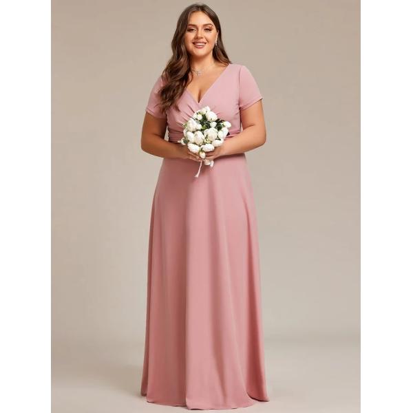 Simple Plus Size V-neck Empire Waist A-line Short Sleeve Zipper Burgundy Chiffon Evening Dress