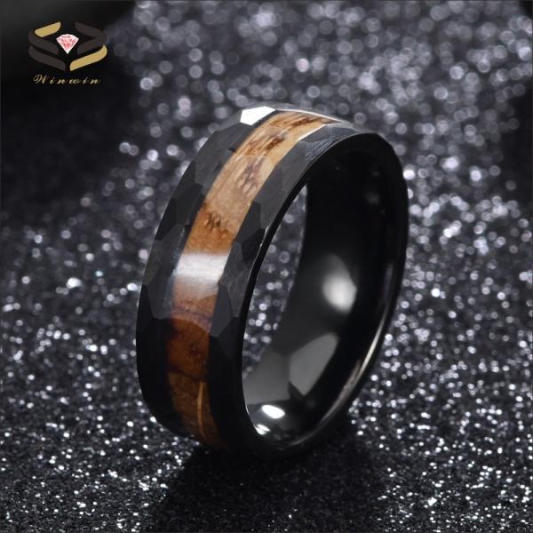 Men'S Black Tungsten Wedding Band Ring 8mm With Hammer Finish And Whiskey Barrel