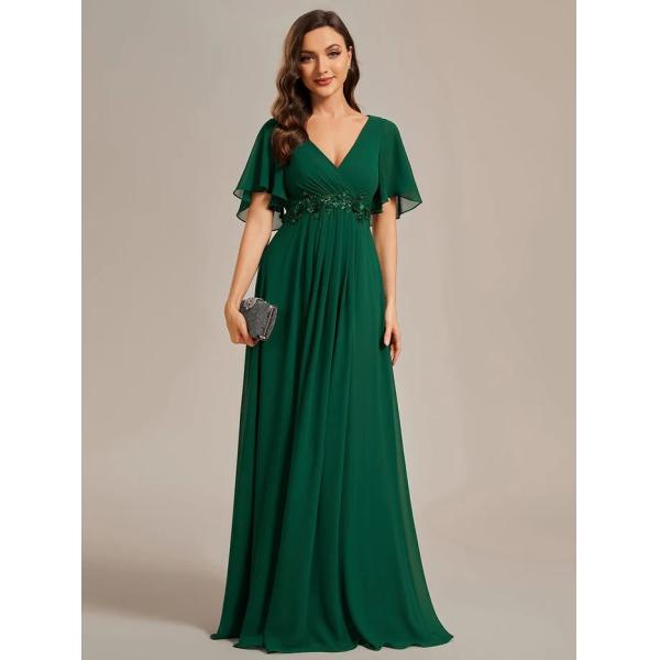 Sexy Empire Applique A-line Short Flutter Sleeves V-neck Invisible Zipper Dark Green Chiffon Evening Dress