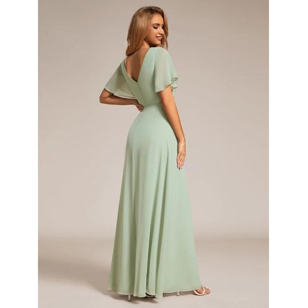 A-line Ruffle Sleeves And High Slit V-neck Mint Green Chiffon Bridesmaid Dress