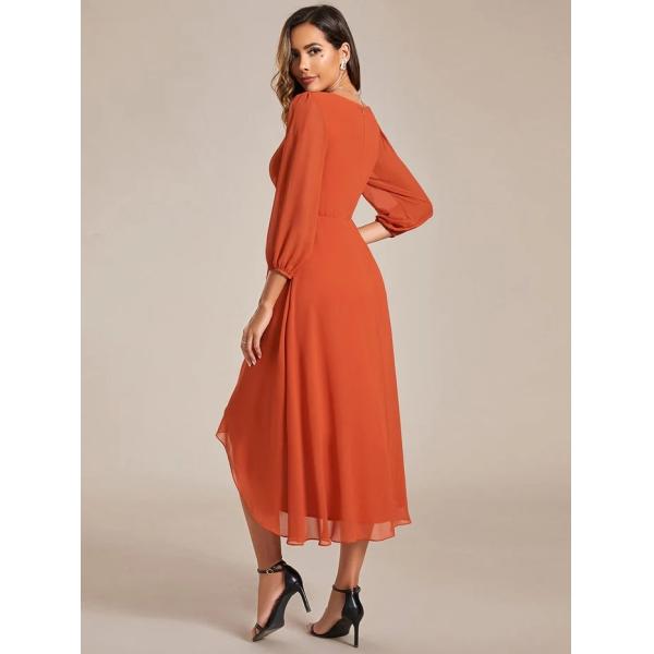 Elegant Empire Long Sleeve V-neck High Low A-line Ruffled Midi Burnt Orange Chiffon Wedding Guest Cocktail Dress