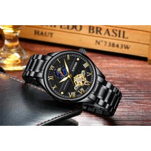KINYUED luminous moon phase luxury black watch tourbillon automatic mechanical