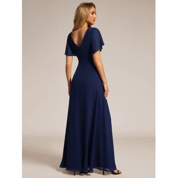 A-line Ruffle Sleeves And High Slit V-neck Navy Blue Chiffon Bridesmaid Dress
