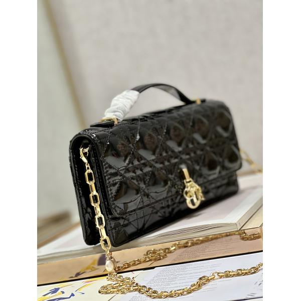 Branded Lady Dior Patent Clutch Small Pearl Black Flip Closure