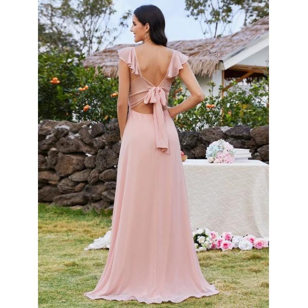 Ruffle Sleeves Sweep Train Bow-tie Backless And High Slit U-neck Pink Chiffon Bridesmaid Dress