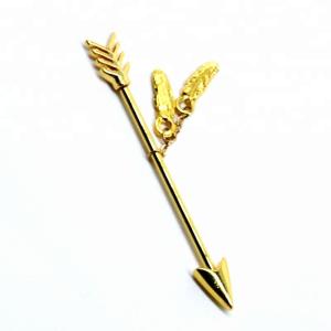 Gold plated arrow industrial piercing bars with feather dangle