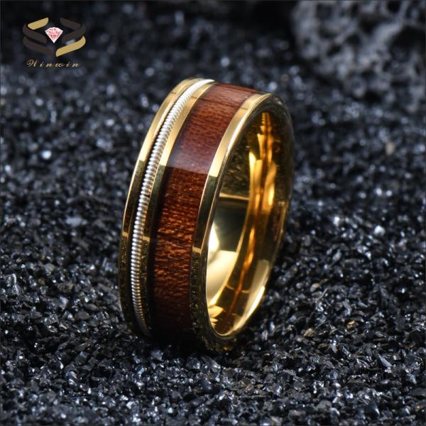 Men Flat Gold Tungsten Carbide Ring Koa Wood And Guitar String Inlayed 8mm For Party