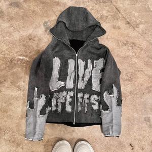 Streetwear Distressed Applique Embroidery Hoodie Cut Edge Distressed Cropped