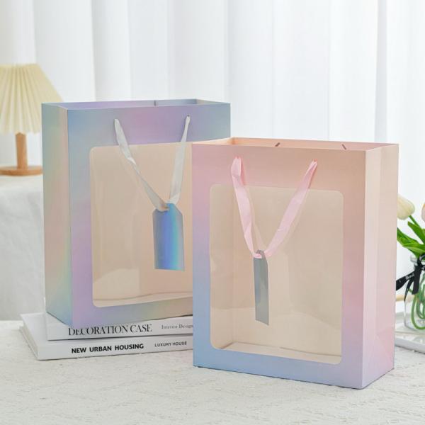 Pastel Gradient Window Gift Bags with Ribbon Handles Transparent Floral Birthday gift