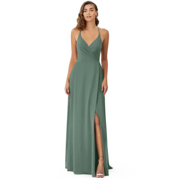 Sexy V-Neck Plus Size Chiffon Evening Dress Long Spaghetti Straps V-neck Princess A-Line Keyhole Pleated Sleeveless