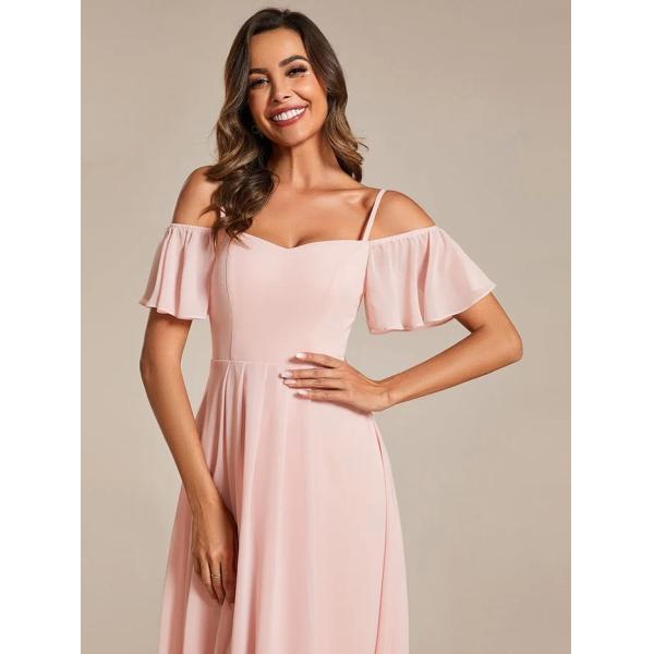 Empire Off-shoulder Spaghetti Strap Zipper High-low Wedding Guest Dresses Short Sleeves Pink Chiffon Bridesmaid Dress