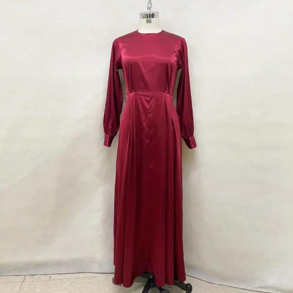 Dubai Turkey Arab Oman Elegant Satin Dress for Women Muslim Solid Color Long Sleeve Islamic Clothing Muslim Dresses Abaya