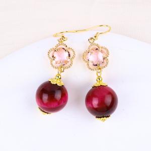 14MM Rose Red Tiger Eye With Pink Flower Charm Round Shape Short Drop Earring