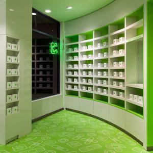 Fashionable Pharmacy Display Cabinet , Green Retail Pharmacy Shelving Multi