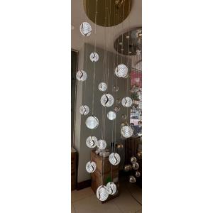 China Villa Hotel Loft Staircase Hanging Light Fixture Design Modern Acrylic Corrugated Ball Pendant Lamp With LED Light Strip on sale