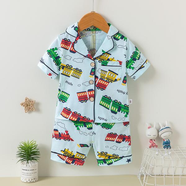 Short Sleeve 95% Cotton Button Up Pajama Set Lapel Cars Pj Set For Middle Aged