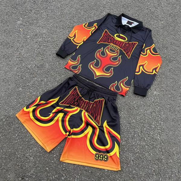 Custom Joggers Polyester Summer Short Set Basketball Football Flame Digital Print Men Long Sleeve t Shirt and Shorts Set Men