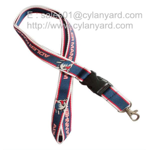 Woven frame polyester lanyards with metal detachable buckle release,