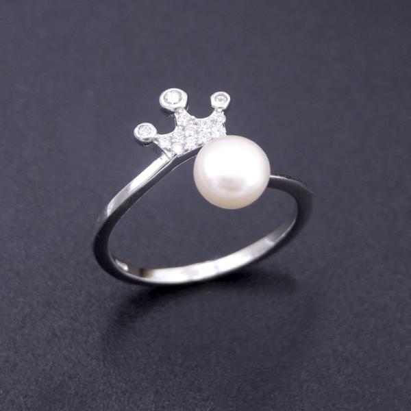 Personalized Silver Pearl Ring With Double Zircon Stars / Round White Pearl