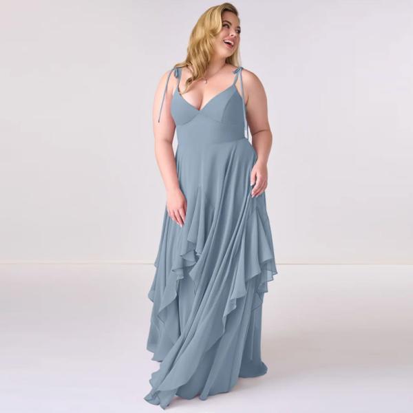 New Style V-neck Dusty Blue Chiffon Tiered A-line Bridesmaid Dress Zipper Ruffles Floor-Length Spaghetti Straps