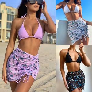 China Women's 3-piece Swimsuit with Striped Printed Pleated Skirt on sale