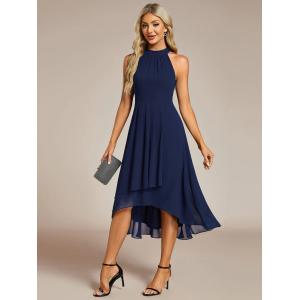 Popular A-line Sleeveless Halter Neck Wedding Guest Dress Navy Blue Chiffon