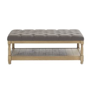 Upholstered Tufted Coffee Table Ottoman Modern Design With Wooden Shelf