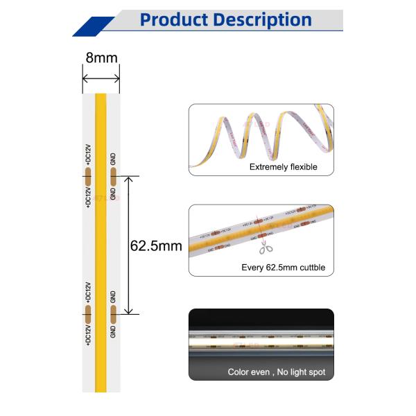 High Density 336 LEDs/M Flexible COB LED Strip Light(Chip-On-Board) Light For Cabinets, shelves lighting