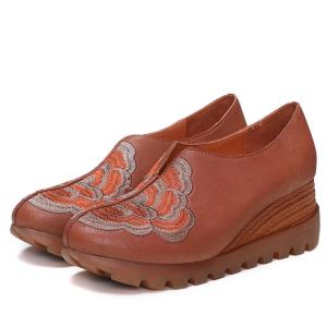 China S359 Spring Wedge Heel Leather Thick Bottom Round Cap Foot Women'S Single Shoes Handmade Embroidery Ethnic Style Women on sale