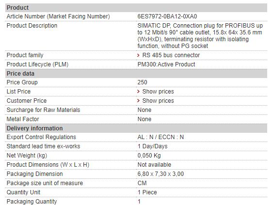 6ES7972-0BA12-0XA0 6ES7 972-0BA12-0XA0 Siemens Profibus Connector