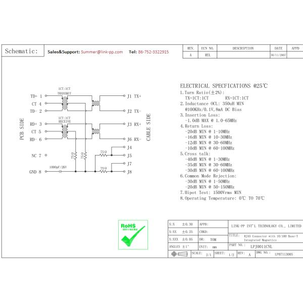 J00-0061NL Magnetic RJ45 Jack LPJ0011CNL Tap-down 21.3mm No LEDs Serial Servers